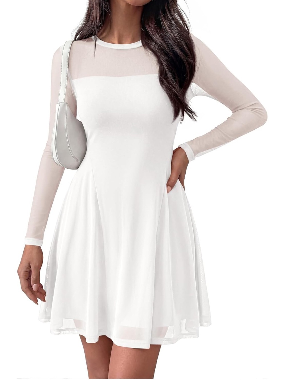 Sheer Yoke Long-Sleeve White Skater Dress